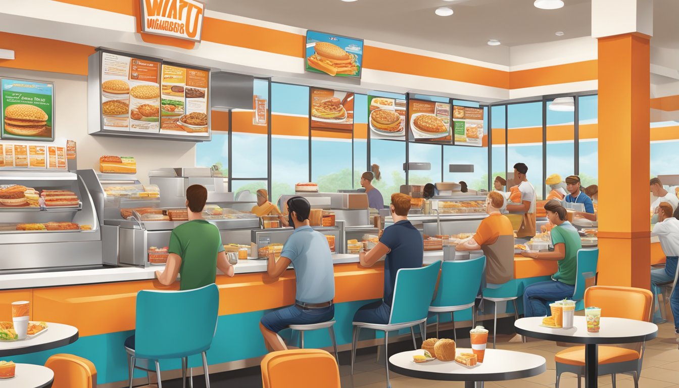 A bustling breakfast scene at Whataburger, with a colorful array of menu items and a line of customers, showcasing the restaurant's unique breakfast offerings