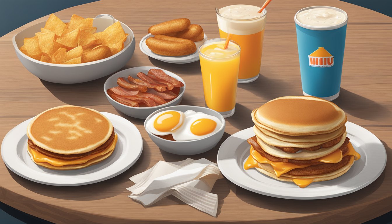 A table filled with various breakfast items from Whataburger's menu, including pancakes, eggs, bacon, sausage, and hash browns, with nutritional information displayed next to each item