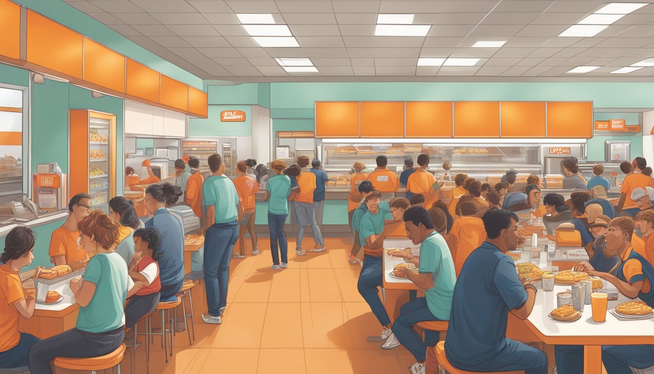 A bustling breakfast rush at Whataburger, with a line of customers eagerly ordering their unique breakfast items, while the competition's chains appear less crowded