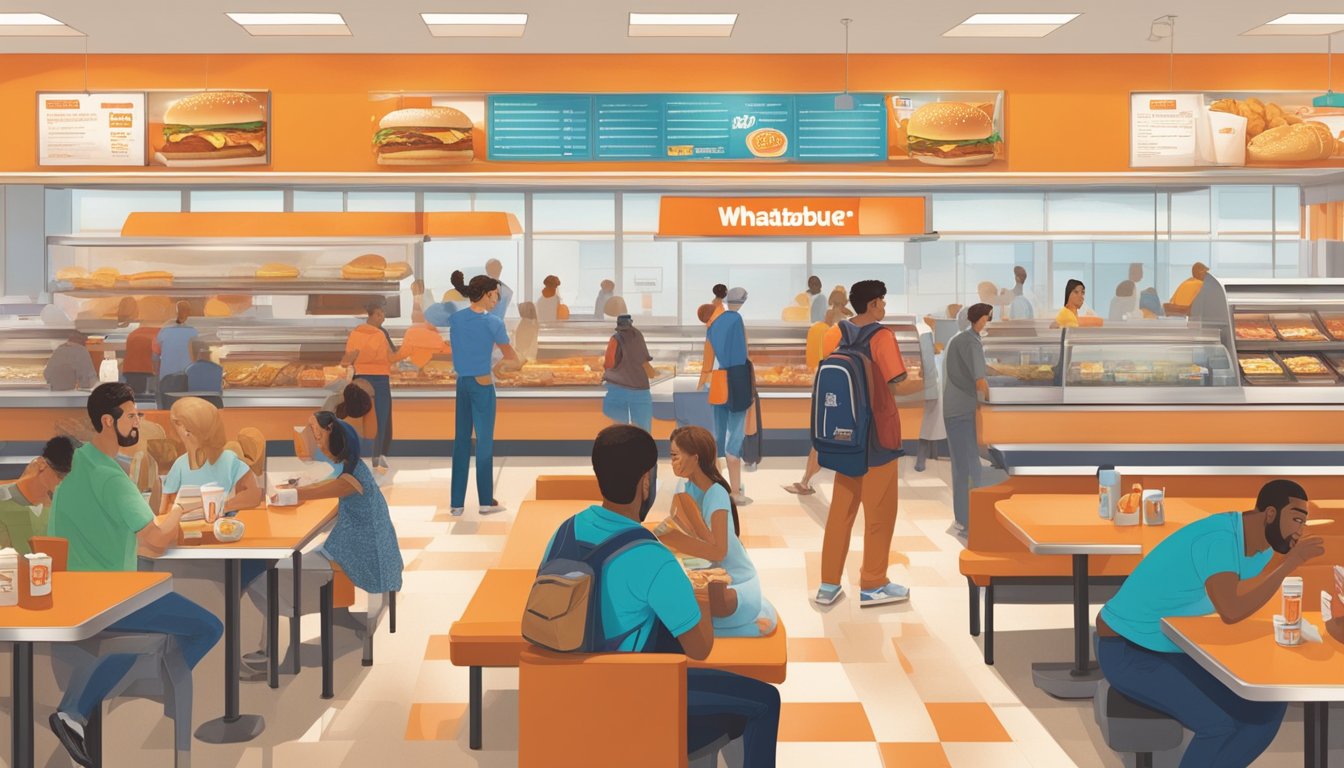 A bustling breakfast rush at a Whataburger, with a line of customers eagerly eyeing the menu innovations and signature items, while a nearby competitor's store appears quiet in comparison