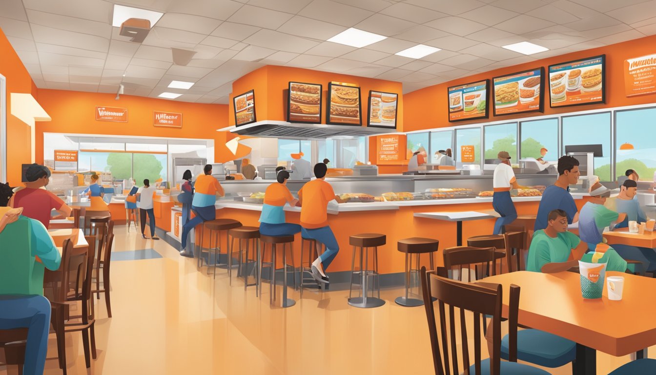 A bustling Whataburger restaurant with a colorful breakfast menu displayed on the wall, customers enjoying their meals at various tables, and employees busy behind the counter