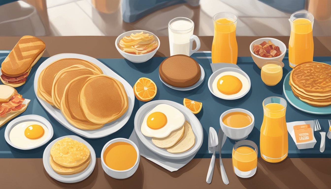 A table with a spread of Whataburger breakfast items, including pancakes, eggs, bacon, and orange juice, each labeled with their respective nutritional information