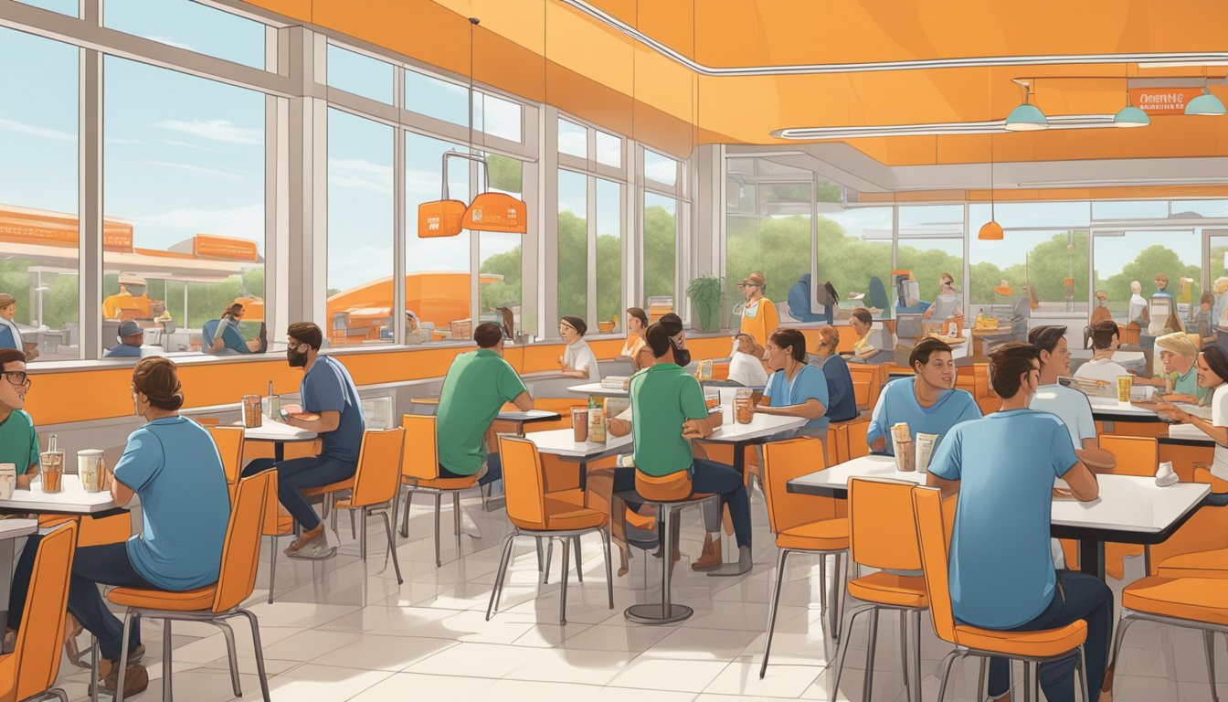 A bustling breakfast rush at Whataburger, with satisfied customers enjoying their meals, while the competition's empty tables stand in stark contrast