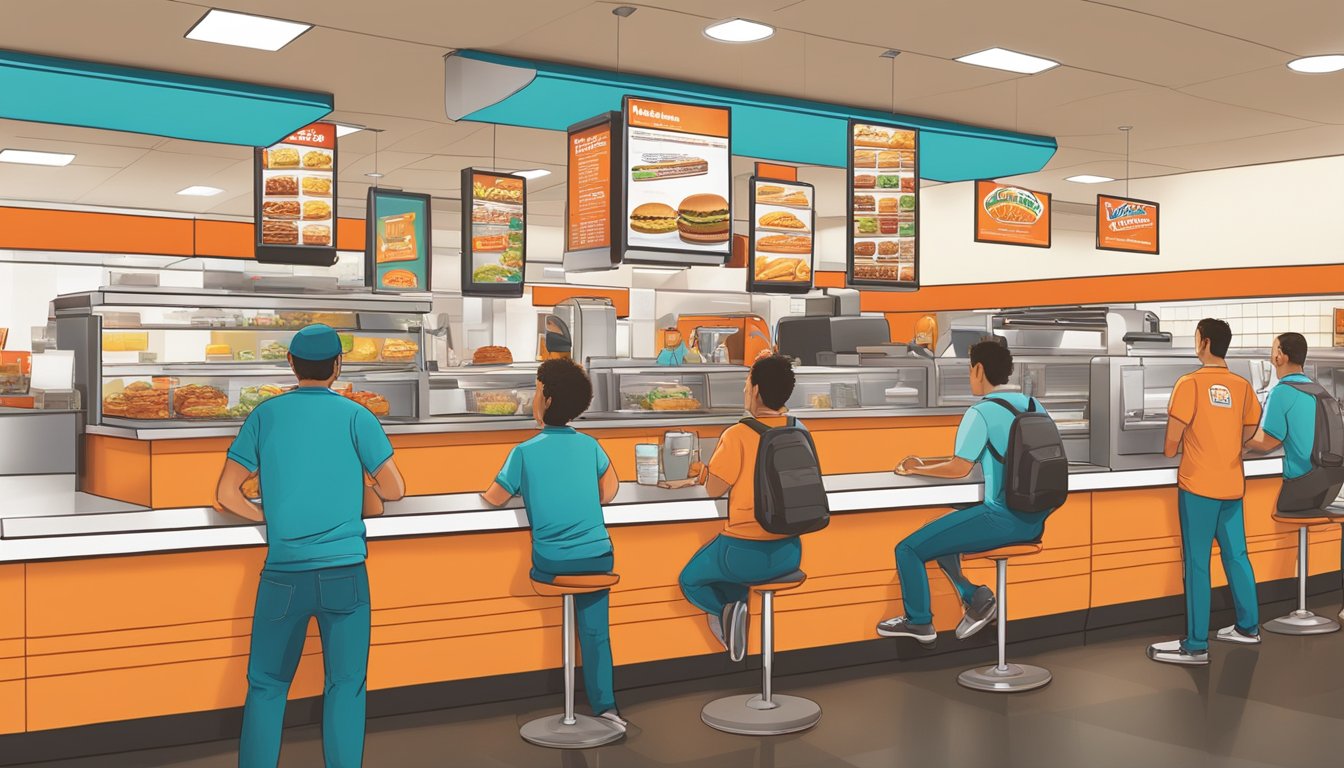 A bustling Whataburger restaurant with a colorful menu board showcasing a variety of breakfast items. Customers line up at the counter while employees work efficiently behind it