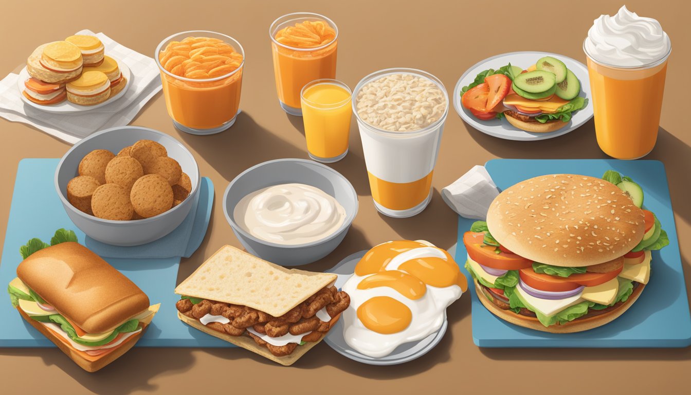 A table with a spread of Whataburger breakfast options, including a variety of sandwiches, wraps, and oatmeal, alongside fresh fruit and yogurt