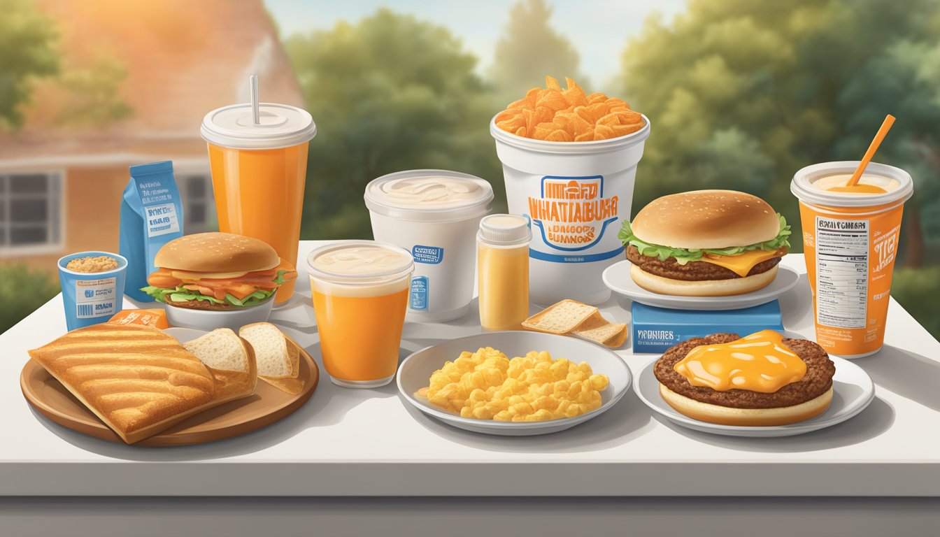 A table with a spread of Whataburger breakfast items, including sodium content labels and nutritional information charts