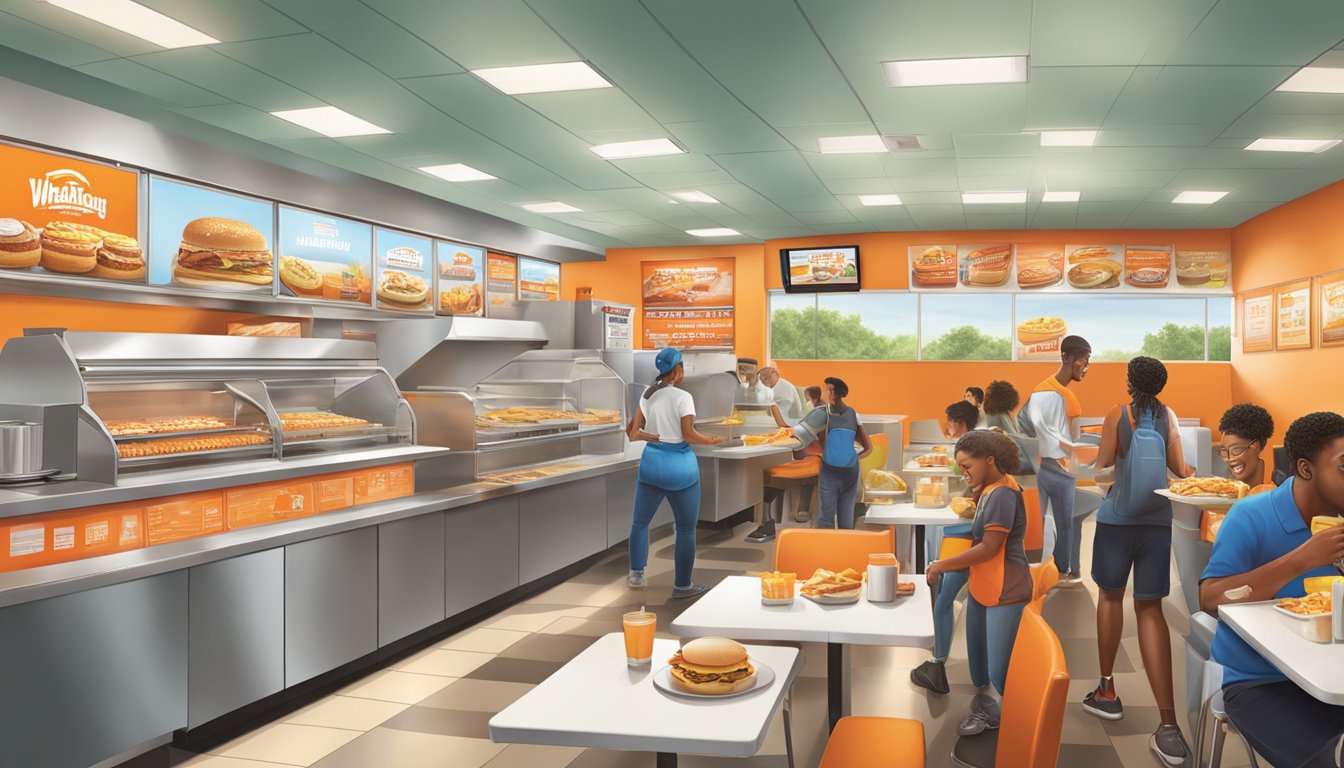 A bustling breakfast rush at Whataburger, with employees efficiently serving up their signature breakfast items. The restaurant stands out among its competitors with a focus on freshness and customization