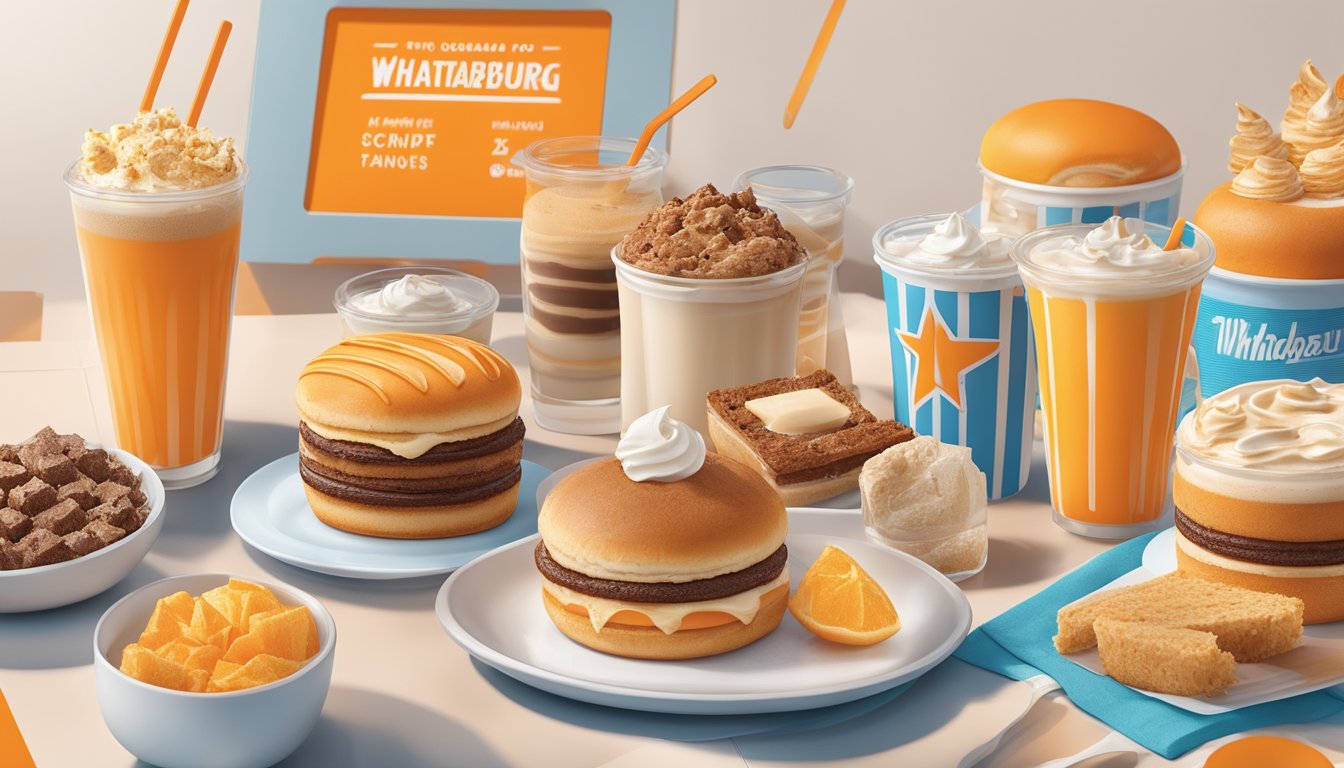 A colorful array of Whataburger's desserts and beverages, surrounded by nutritional information charts for their breakfast options