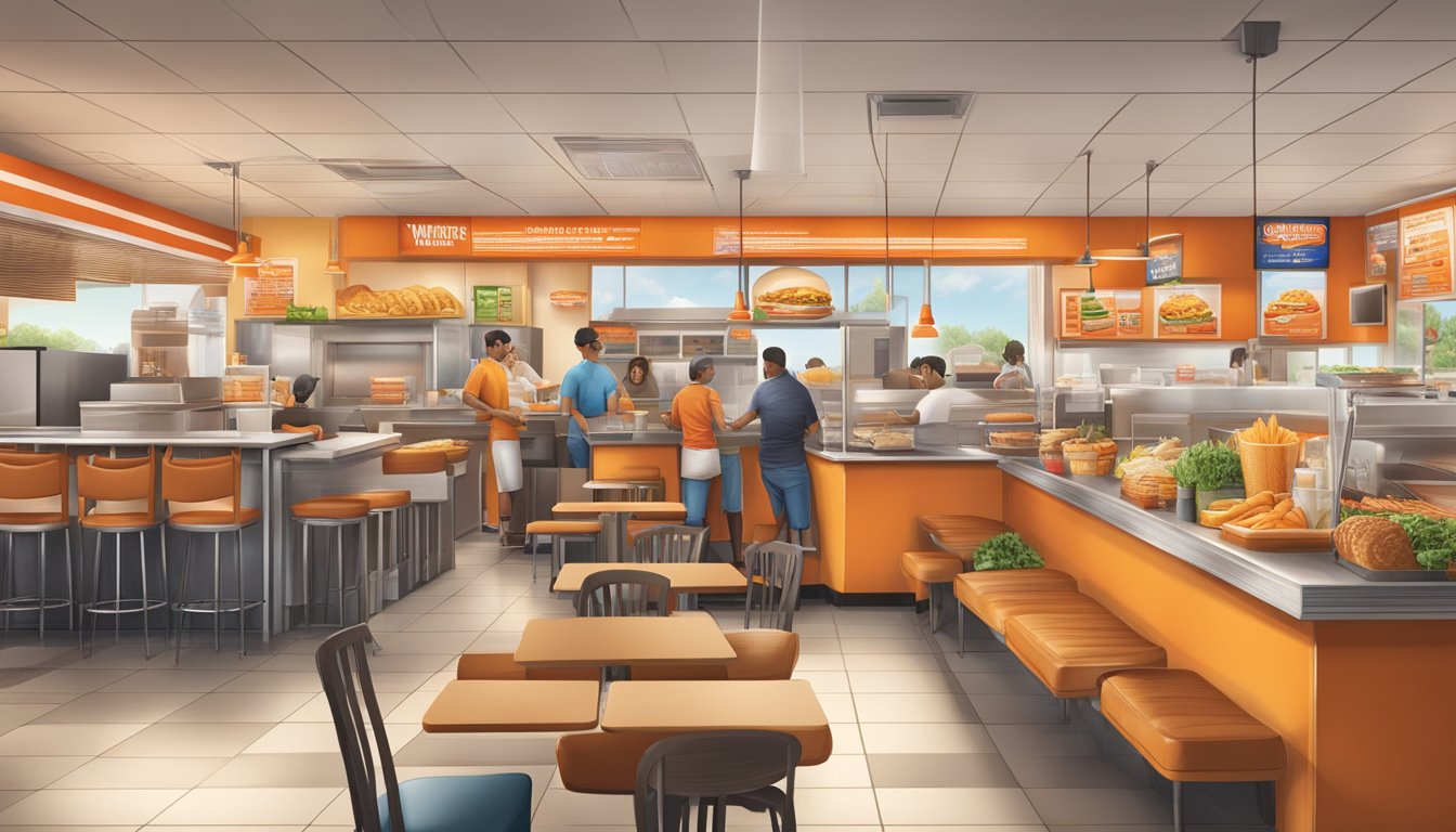 A bustling Whataburger restaurant with a diverse menu of breakfast items and various dietary options, with a focus on nutrition and economic considerations