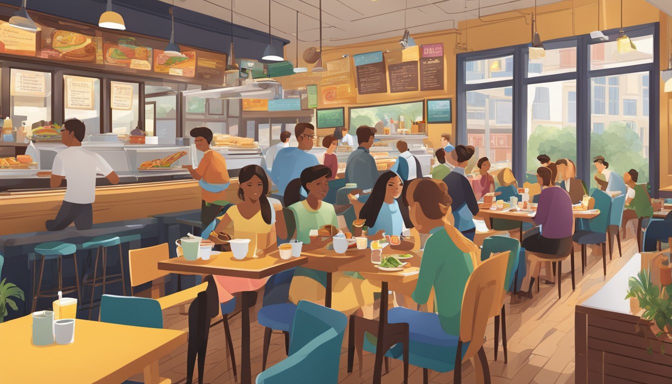 A bustling breakfast restaurant with a colorful array of menu items, including a variety of sandwiches, sides, and drinks. The atmosphere is warm and inviting, with customers enjoying their meals at tables and booths