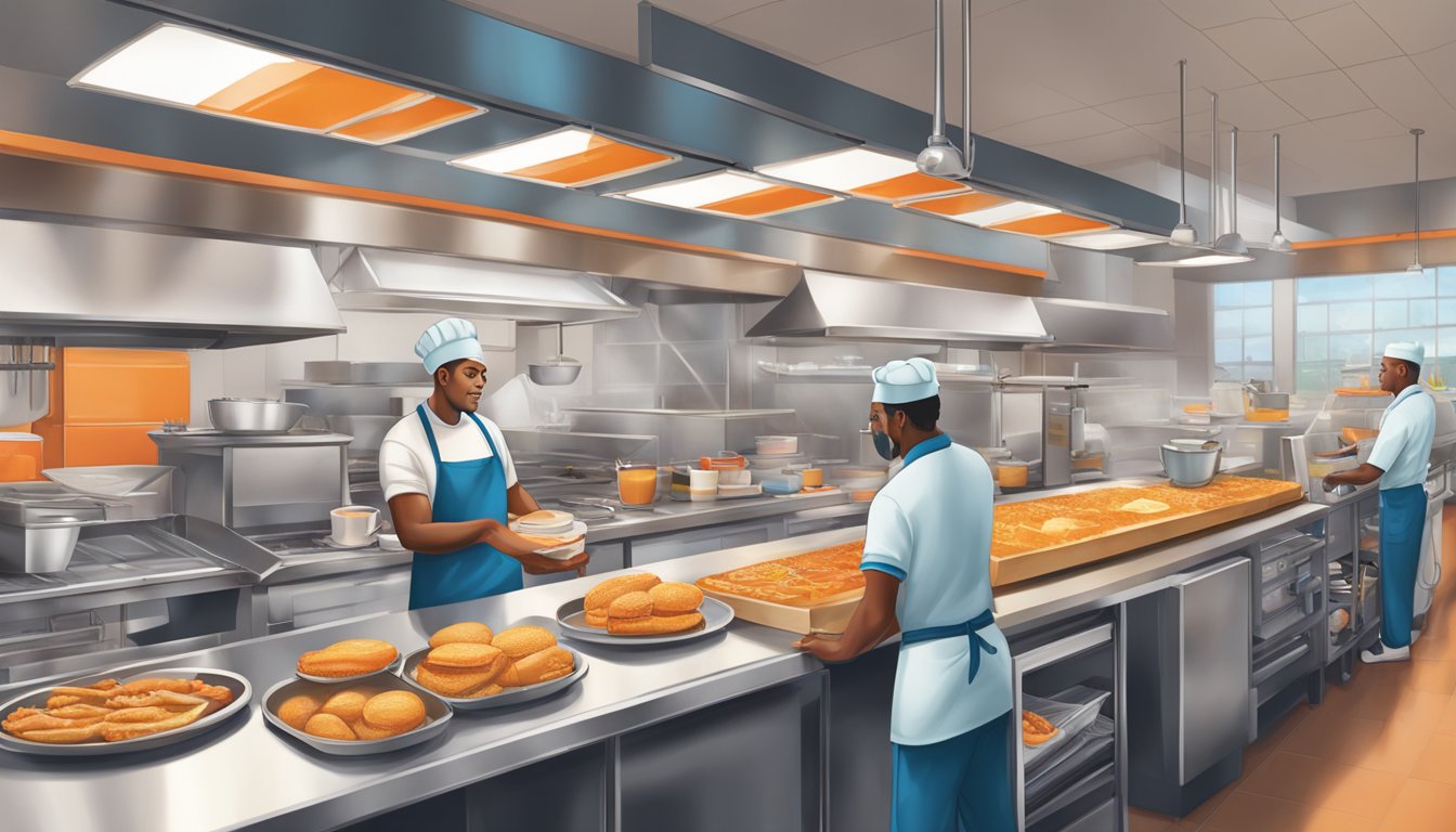 A bustling Whataburger kitchen, with cooks preparing breakfast items while a cashier takes orders and a manager oversees the operational dynamics