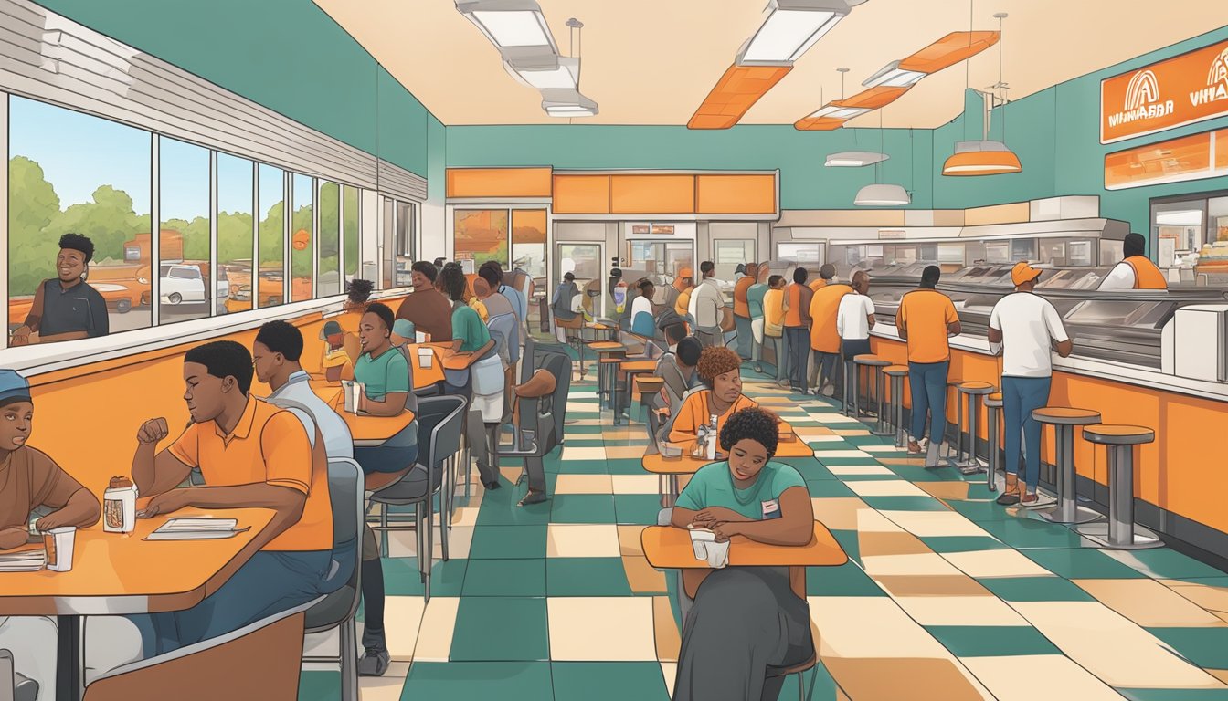 A bustling morning scene at a Whataburger restaurant with a line of diverse customers, while a competing fast-food chain sits empty across the street