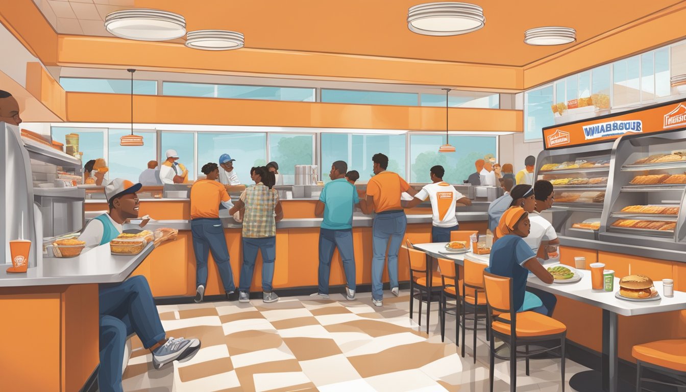 A bustling Whataburger restaurant with a diverse mix of customers enjoying breakfast items at various tables, while employees efficiently work behind the counter