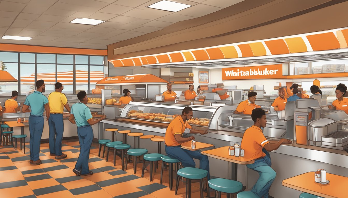 A bustling Whataburger restaurant with customers enjoying breakfast items at various tables, while employees work diligently behind the counter to keep up with the demand