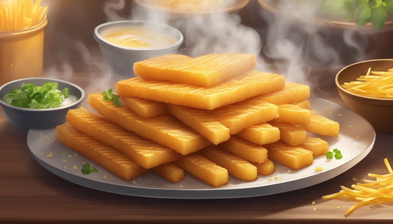 A sizzling platter of golden hash brown sticks, glistening with oil, surrounded by a halo of steam, awaits the hungry customer