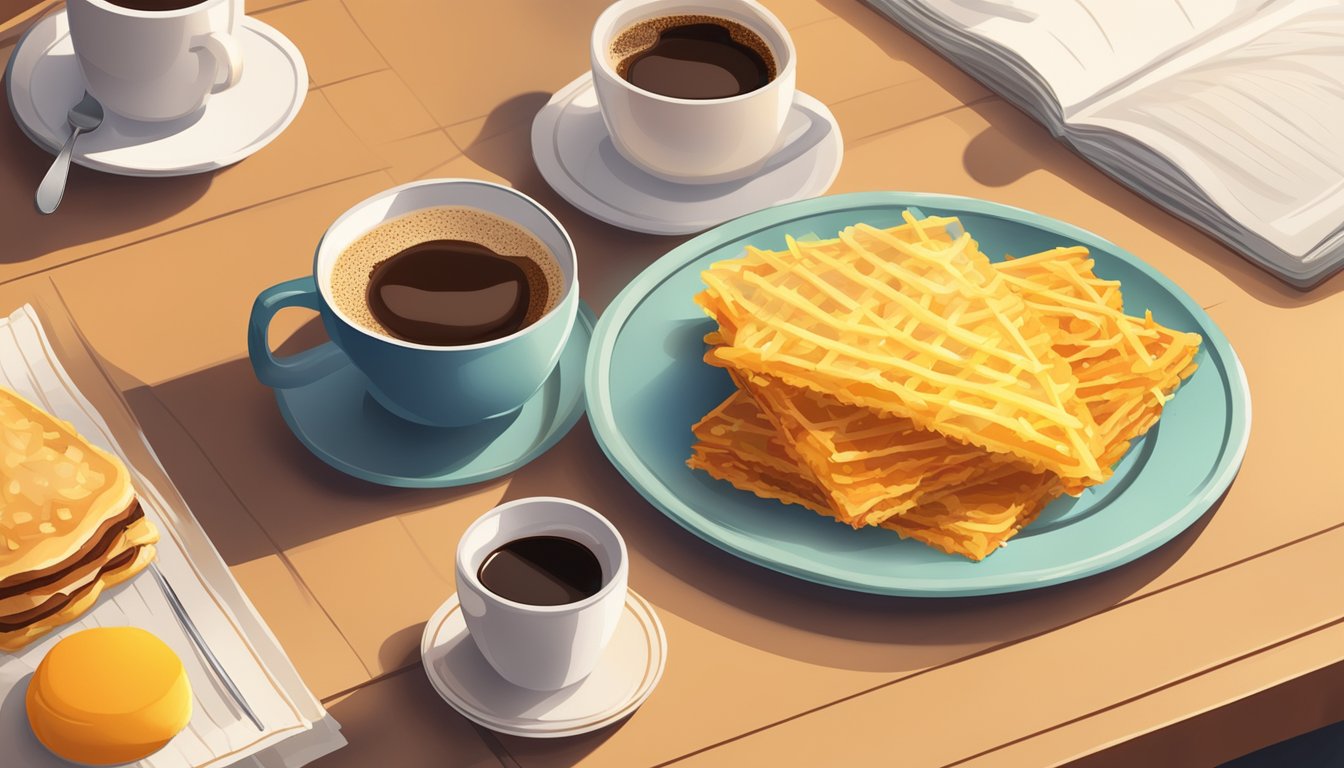 A steaming plate of golden hash brown sticks sits next to a breakfast sandwich and coffee, casting a warm glow in the morning light