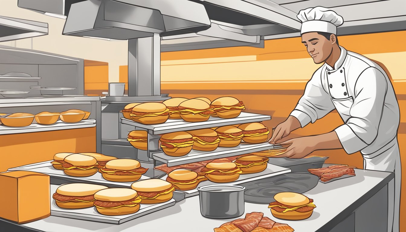 A chef assembling layers of eggs, cheese, bacon, and a toasted bun to create Whataburger's iconic breakfast sandwich