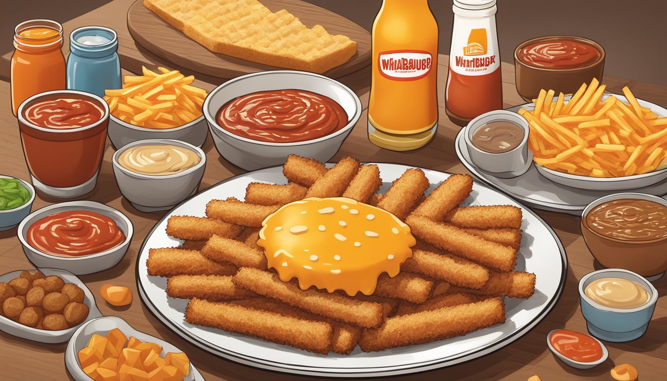 A plate of crispy golden Whataburger hash brown sticks surrounded by a variety of Whataburger ingredients, including ketchup, mustard, and hot sauce