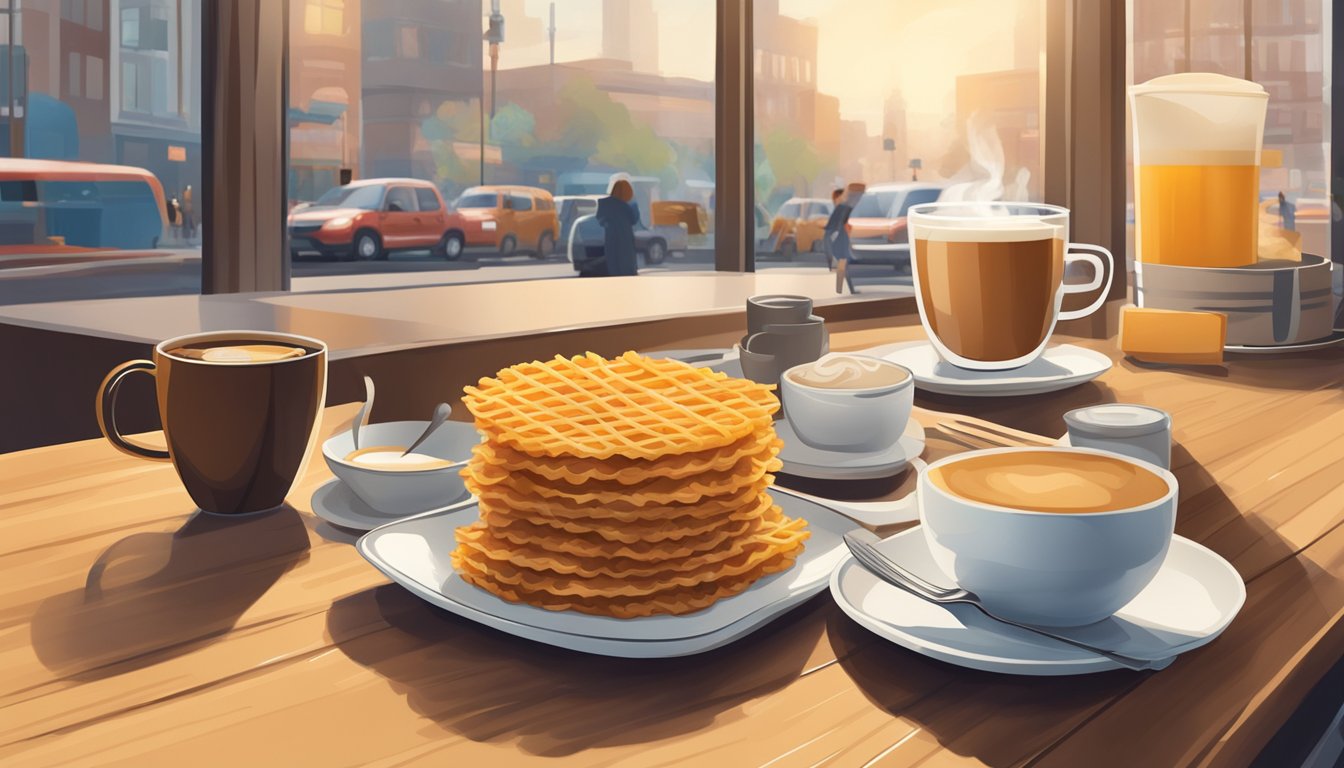 A plate of golden-brown hash brown sticks sits next to a steaming cup of coffee, with a backdrop of a bustling breakfast restaurant