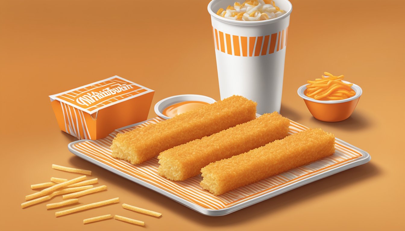 A sizzling hot plate of crispy golden hash brown sticks, surrounded by the iconic orange and white striped packaging of Whataburger