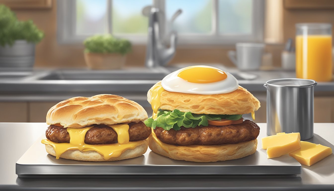 The morning sun streams through the window, casting a warm glow on the stainless steel countertop. A fresh, fluffy biscuit is carefully split open, and a perfectly cooked egg is delicately placed on top. A slice of melty cheese is added, followed by a generous portion of savory sausage. The sandwich is then expertly assembled and wrapped for a customer, ready to be enjoyed