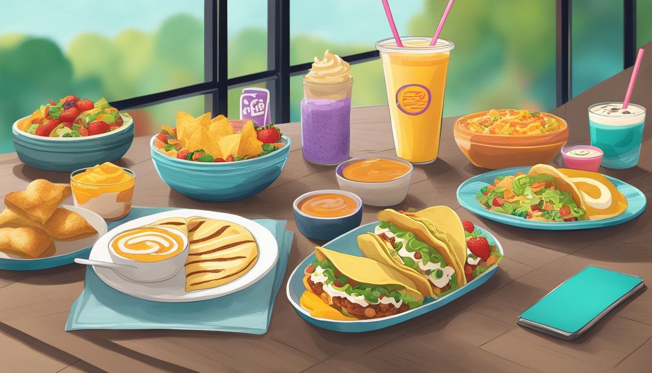 A vibrant, colorful Taco Bell breakfast spread with a cinnamon roll-down smoothie and 8 secret menu hacks displayed on a table