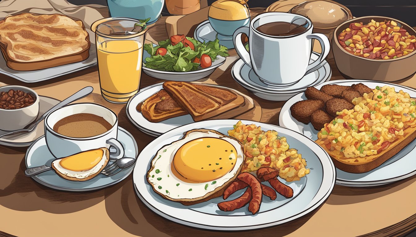 A colorful array of breakfast sides and add-ons, including eggs, bacon, hash browns, and toast, are arranged on a platter next to a steaming cup of coffee