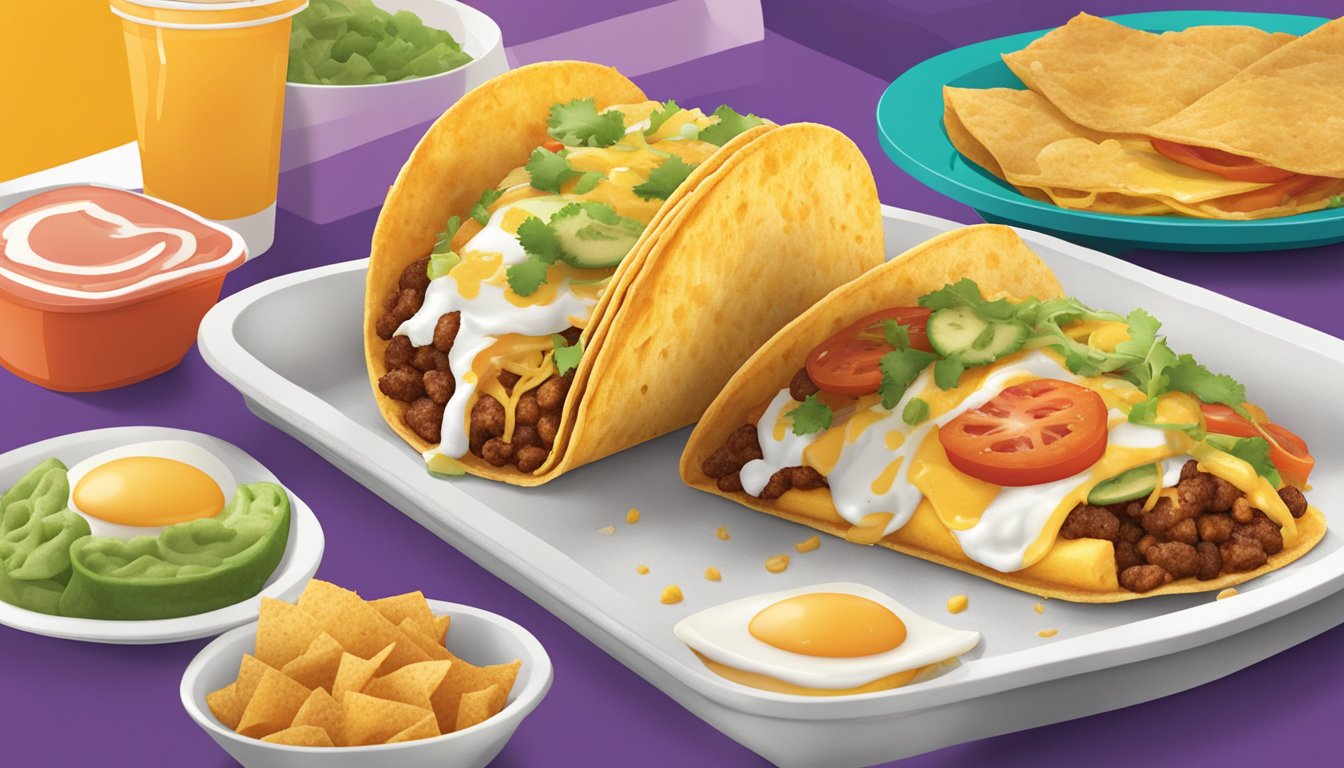 A double decker taco filled with eggs, surrounded by 8 secret menu items from Taco Bell's breakfast menu