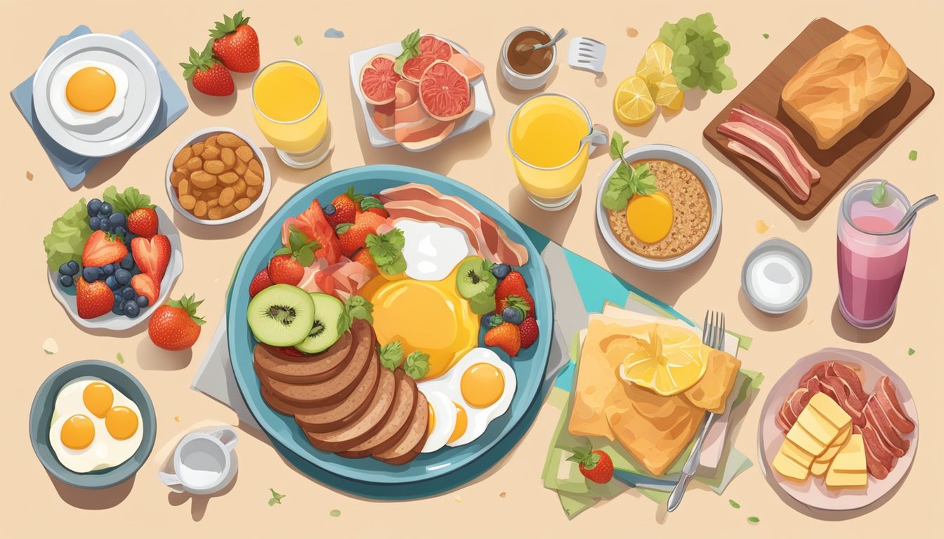 A colorful breakfast platter with eggs, bacon, sausage, and fruit, surrounded by informational charts and health-conscious food options