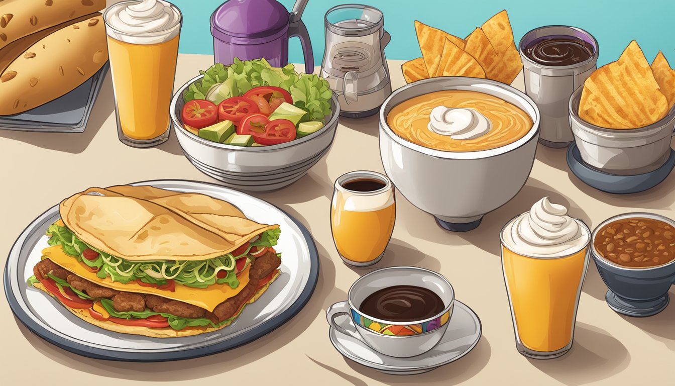 A colorful and appetizing breakfast spread with a Taco Bell Breakfast Crunchwrap as the centerpiece, surrounded by fresh ingredients and a steaming cup of coffee