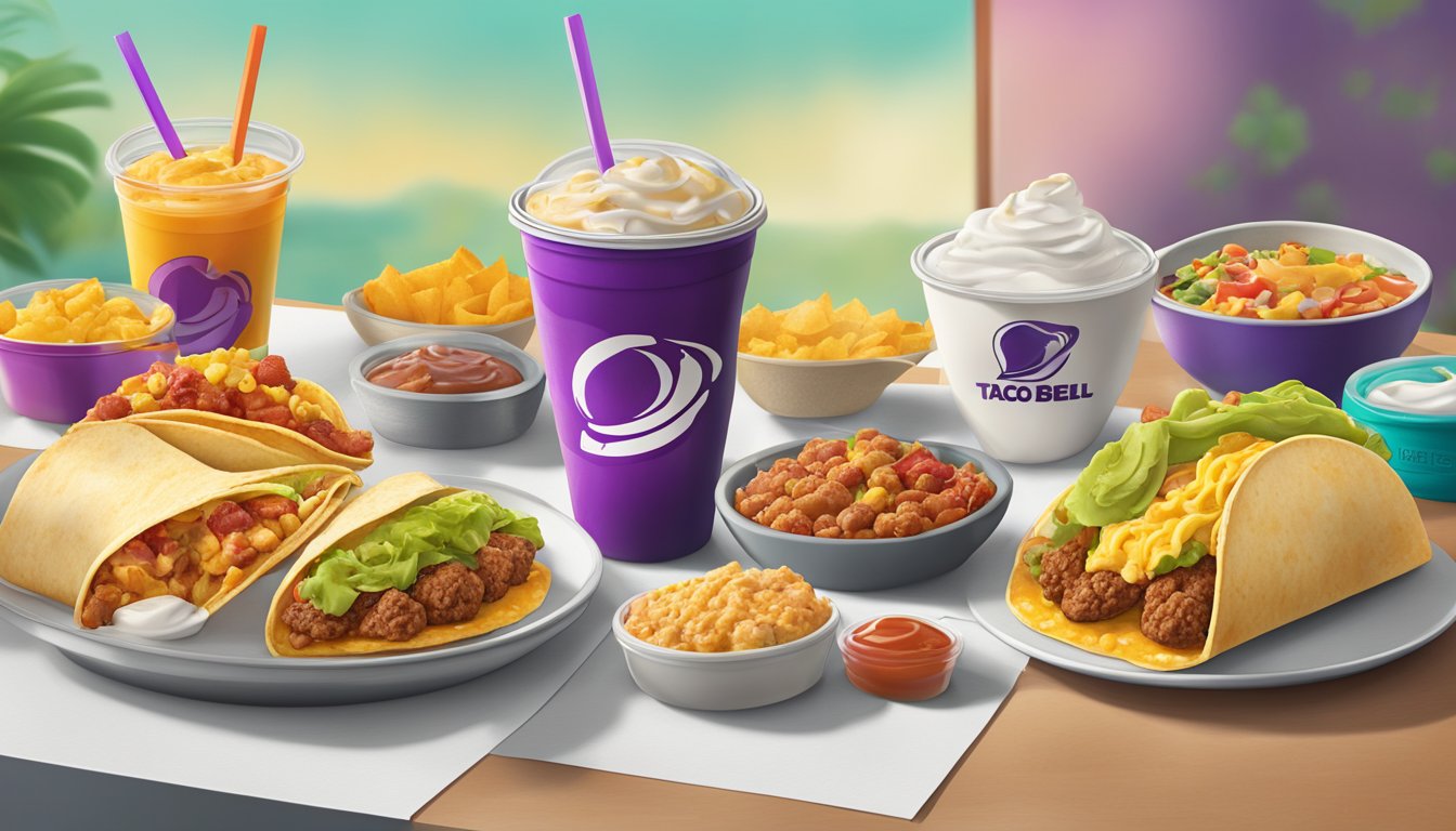 A colorful Taco Bell breakfast spread with secret menu items displayed