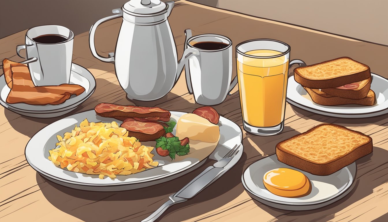 A breakfast platter sits on a table, featuring eggs, bacon, sausage, hash browns, and a side of toast. A cup of coffee and a glass of orange juice complete the scene