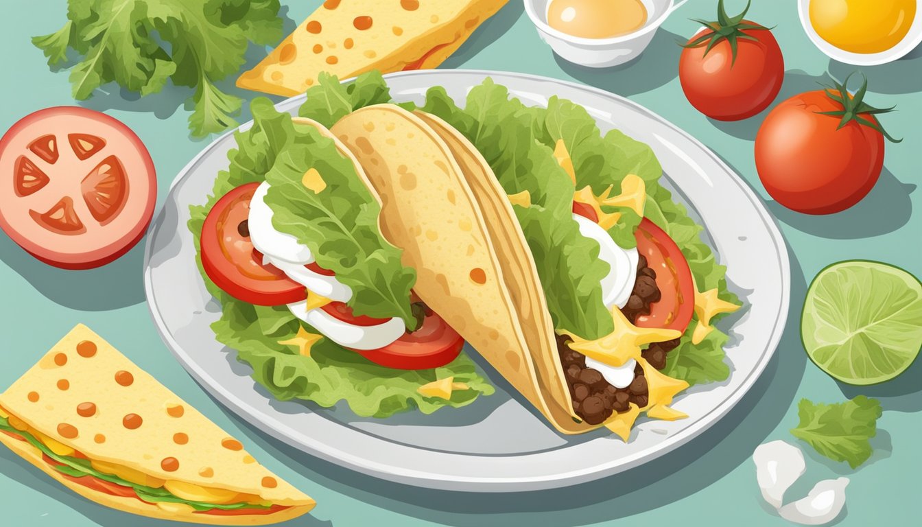 A soft taco filled with egg and cheese, surrounded by fresh ingredients like tomatoes and lettuce, displayed on a clean, modern plate