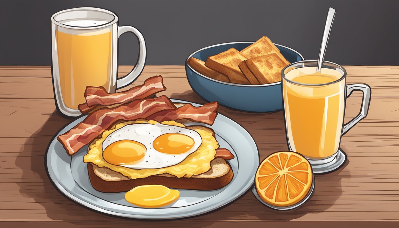 A breakfast platter with eggs, bacon, hash browns, and toast, accompanied by a steaming cup of coffee and a glass of orange juice