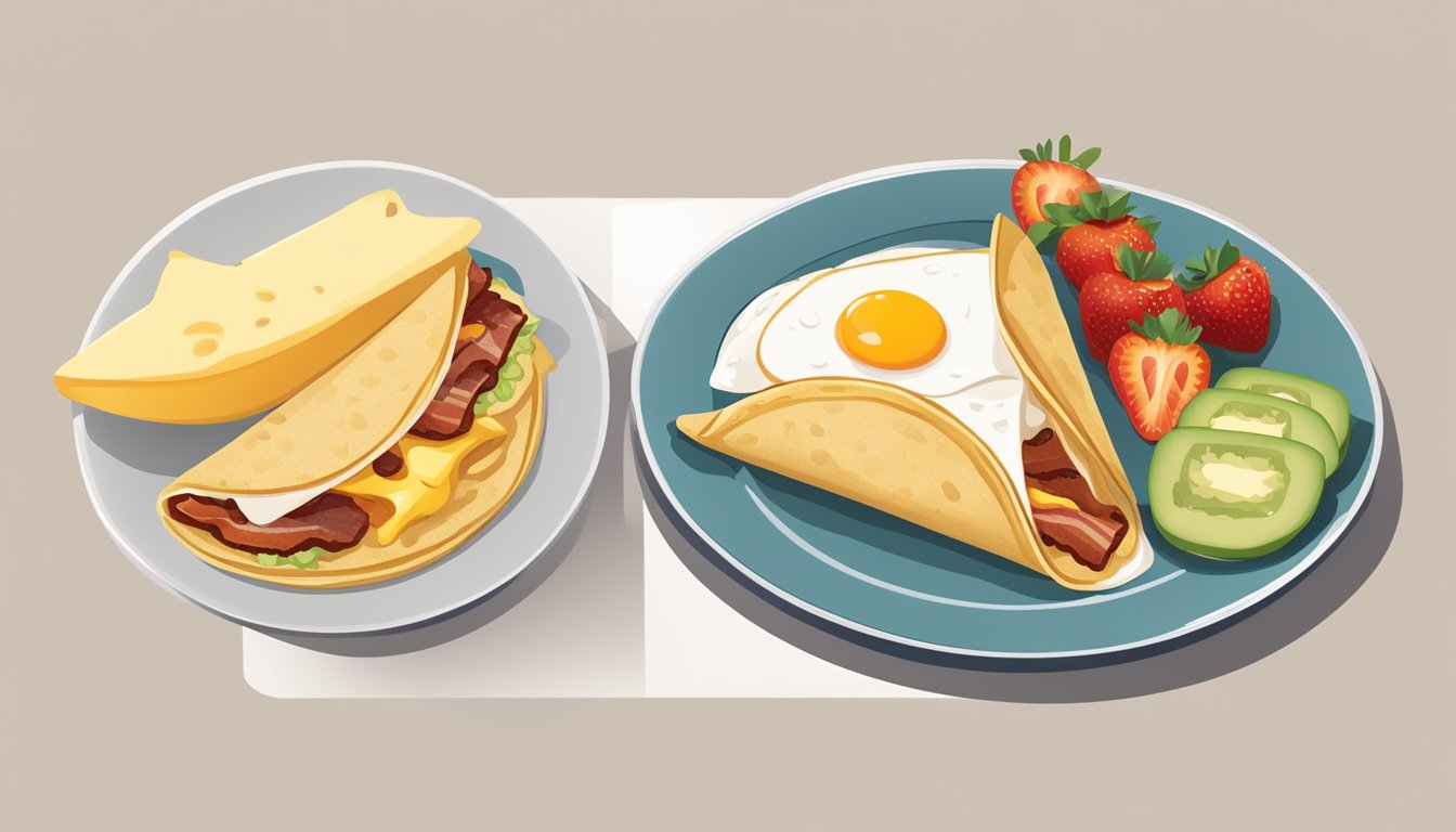 A breakfast soft taco with bacon, egg, and cheese displayed on a plate with a side of fresh fruit and a cup of hot coffee