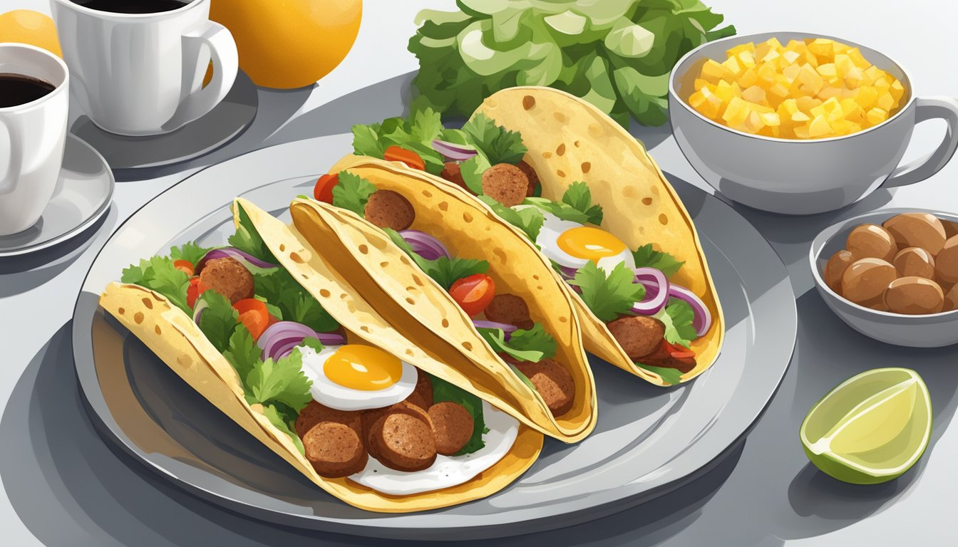 A soft taco filled with sausage, eggs, and veggies, surrounded by fresh fruit and a cup of coffee on a clean, modern table