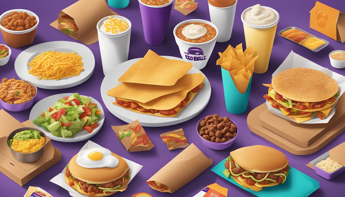 A colorful spread of breakfast items from Taco Bell, surrounded by traditional fast food options, with price tags displayed prominently