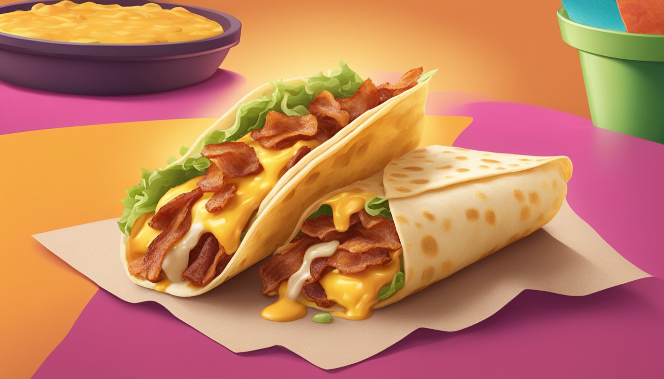 A sizzling breakfast burrito with crispy bacon, gooey melted cheese, and golden toasted tortilla on a colorful Taco Bell menu board