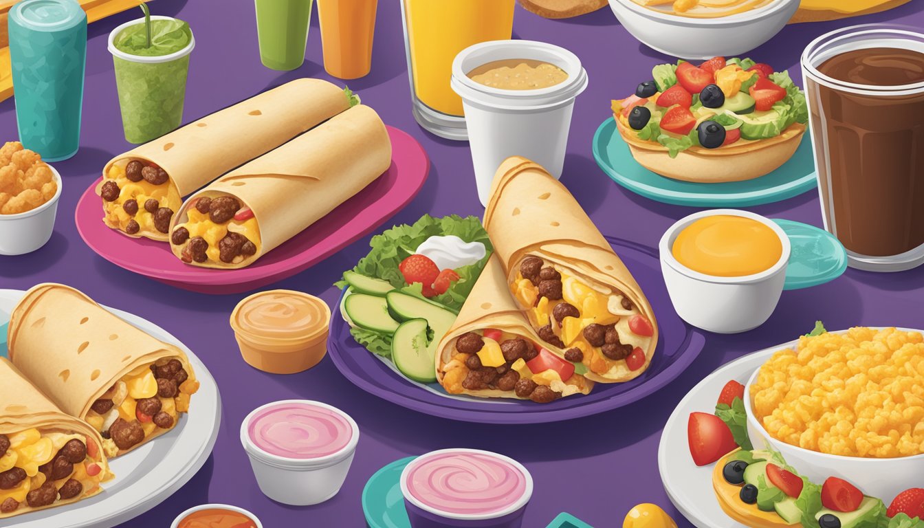 A colorful breakfast spread with a Grande Toasted Breakfast Burrito and five other healthy options from Taco Bell's breakfast menu