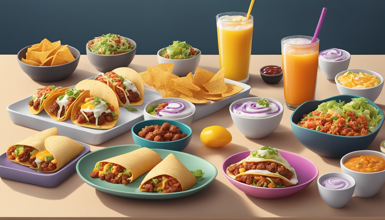 A vibrant breakfast spread with 7 unique Taco Bell dishes displayed on a clean, modern table