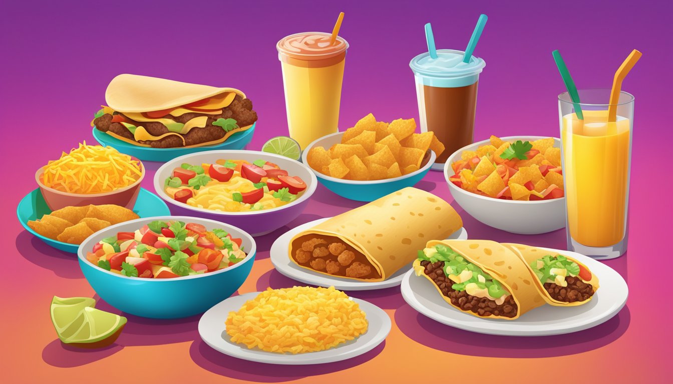 A colorful array of breakfast items, including breakfast burritos, tacos, and hash browns, displayed on a vibrant, dynamic background