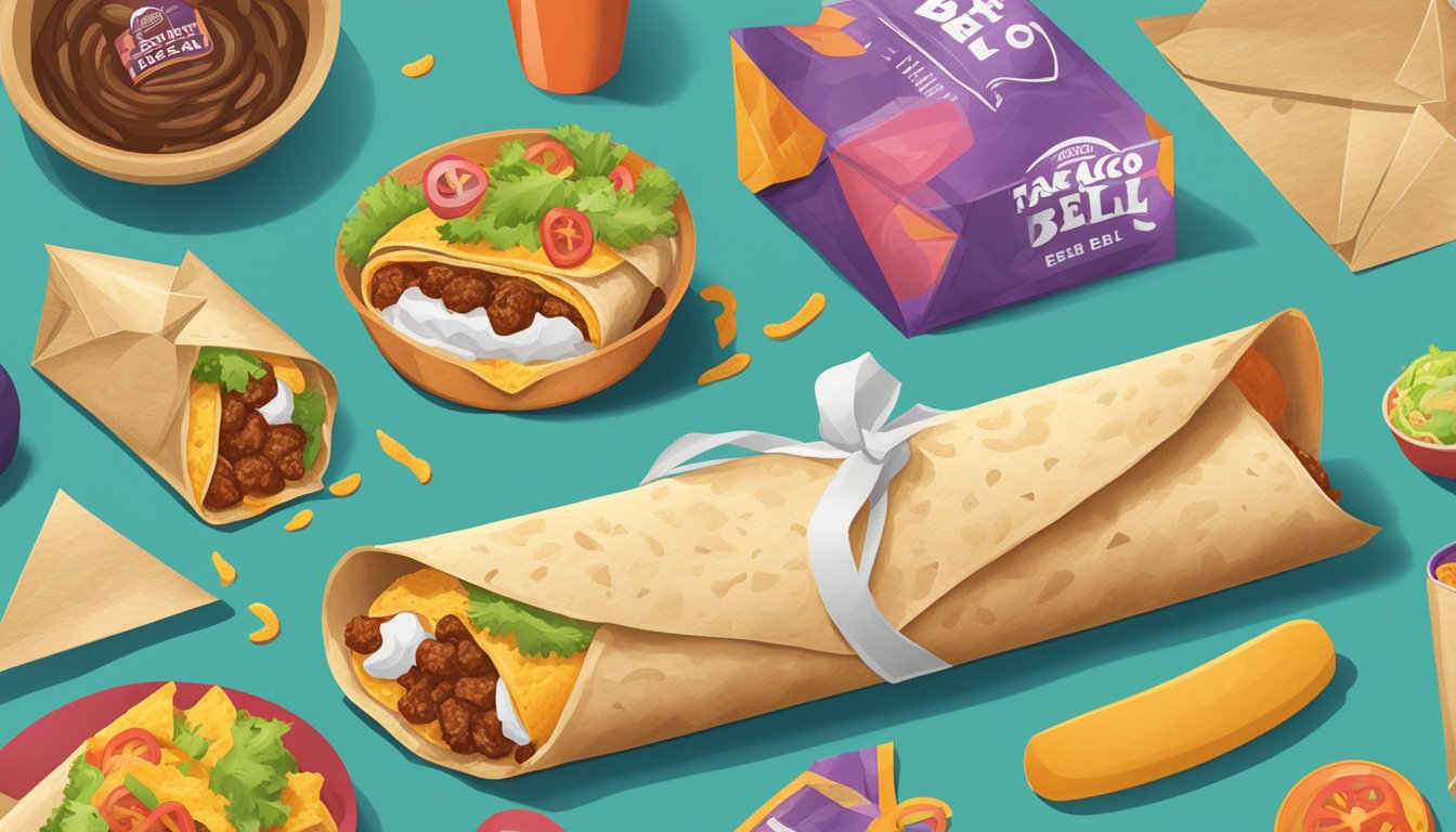 A breakfast burrito with a love letter inside, surrounded by Taco Bell packaging