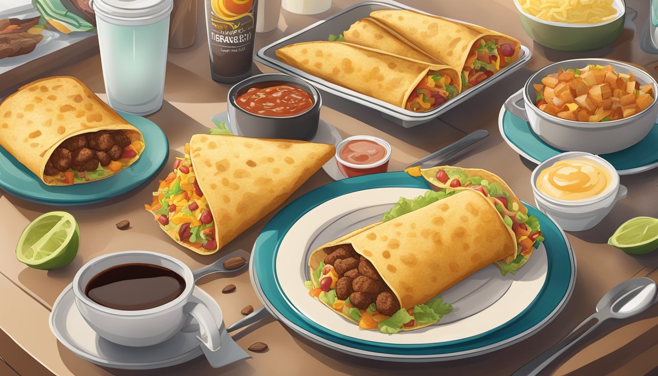 A sunny morning with a Taco Bell breakfast spread on a table, featuring a variety of breakfast items like breakfast burritos, hash browns, and coffee