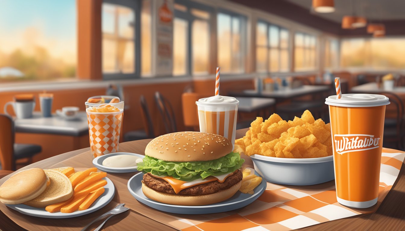 A table set with a classic Whataburger breakfast spread, including sides and beverages, in a cozy Texas diner