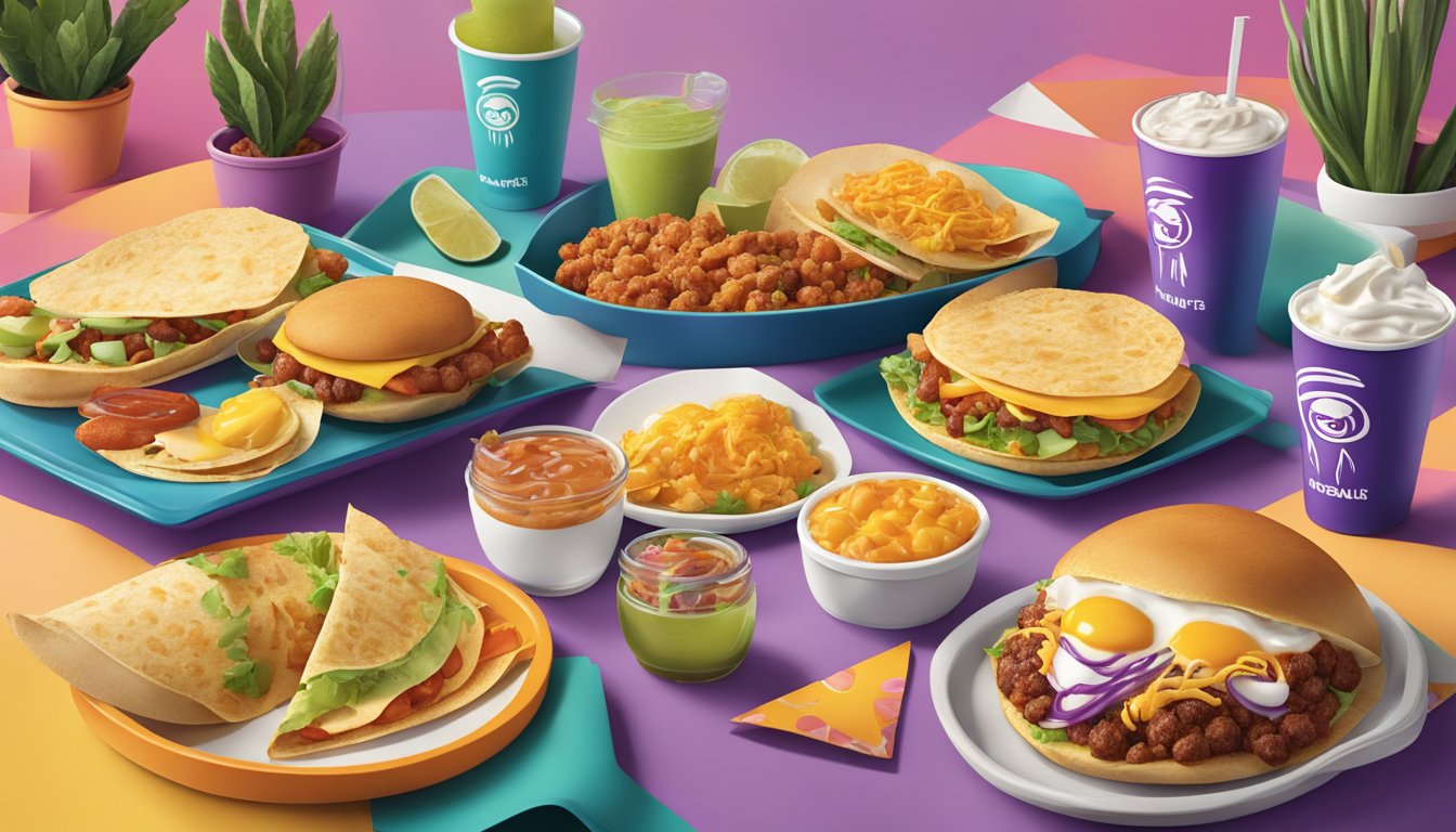 A colorful Taco Bell breakfast spread with various menu items and a playful, lucky vibe