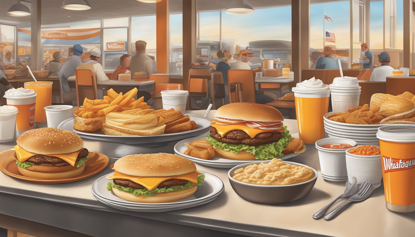 A bustling Whataburger breakfast scene with a variety of ingredients and dietary options on display, capturing the Texas tradition