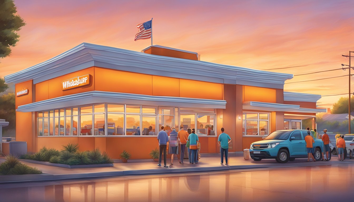 A colorful Texas sunrise illuminates a bustling Whataburger restaurant, with a line of customers waiting to order breakfast favorites