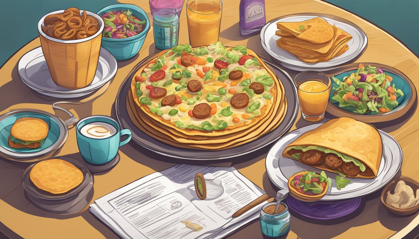 A breakfast table with a variety of Taco Bell items, a spinning roulette wheel, and a clock ticking towards nap time