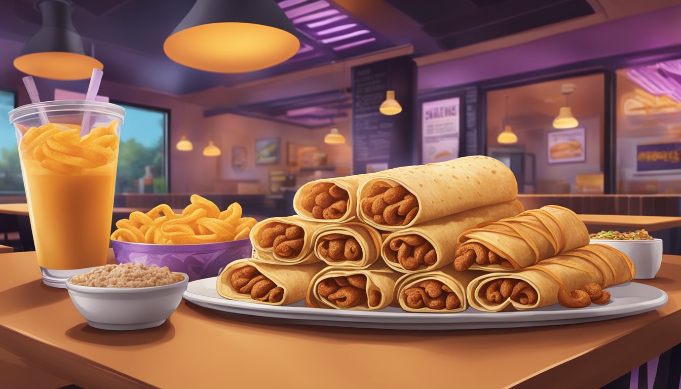 A table piled high with cinnamon twists, alongside other breakfast items, in a Taco Bell restaurant