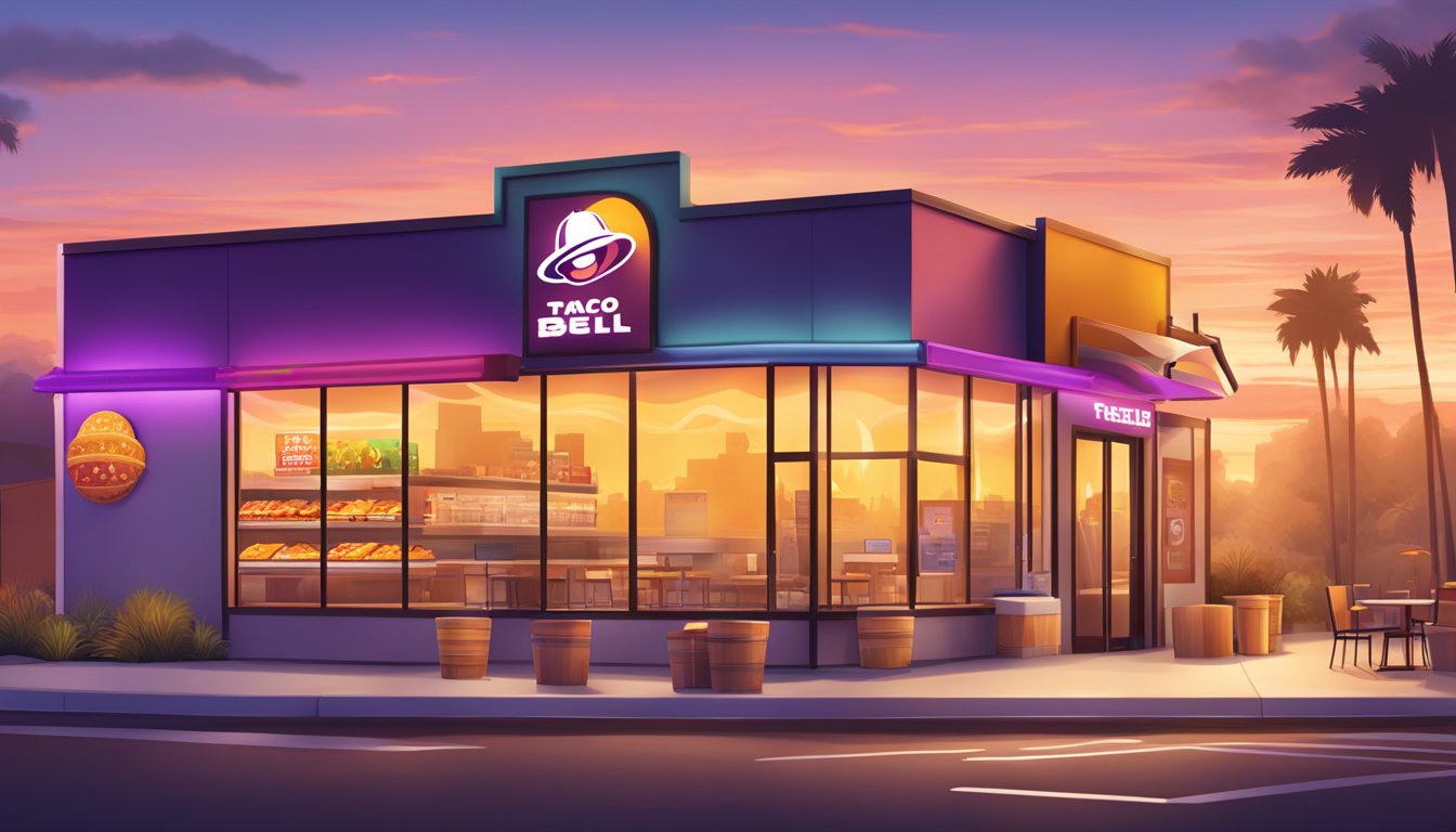 A vibrant Taco Bell storefront with a sunrise backdrop, featuring a breakfast menu and a playful, lively atmosphere